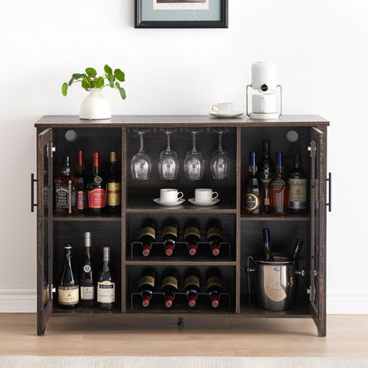 Garvee Farmhouse Wine Bar Cabinet with LED Lights, Coffee Bar Cabinet with Wine and Glasses Rack, Buffet Sideboard with Storage, Liquor Cabinet for Bar, Kitchen, Dining Room, Dark Oak