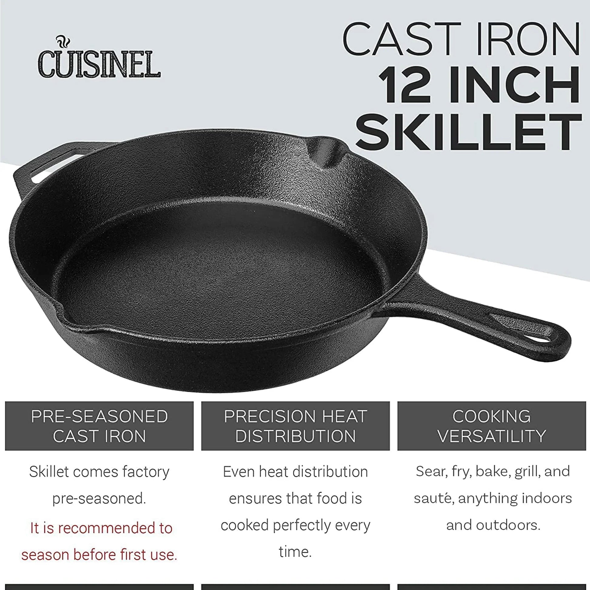 Pre-Seasoned Cast Iron Skillet (12-Inch) with Glass Lid and Handle Cover Oven Safe Cookware