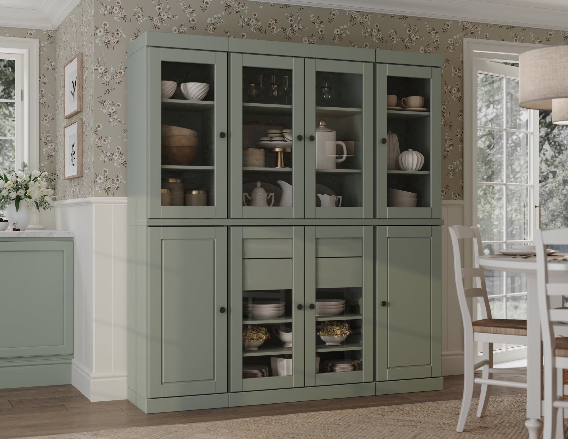 Palace Imports 100% Solid Wood Kitchen Pantry Storage Cabinet with Solid, Glass Doors, Adjustable Shelves and 2-Drawers, White