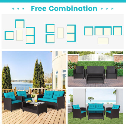 Gymax 4PCS Outdoor Conversation Set Patio PE Rattan Set w/Glass Table & Sofa Cushions Turquoise
