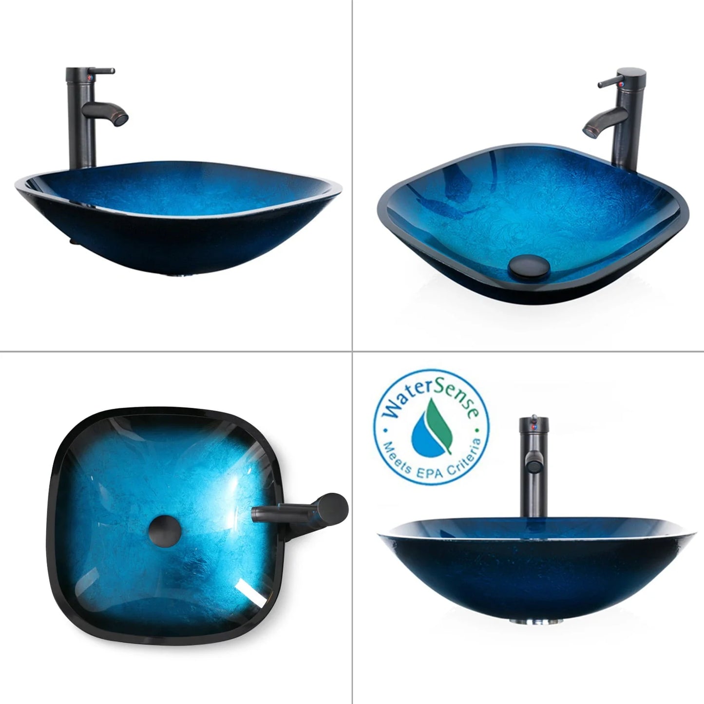Eclife 24"W x 20"D x 32"H Classical Bathroom Vanity Vessel Sink Set with Faucet, Mirror White Vanity and Ocean Blue Square Glass Sink Pop up Drain Combo