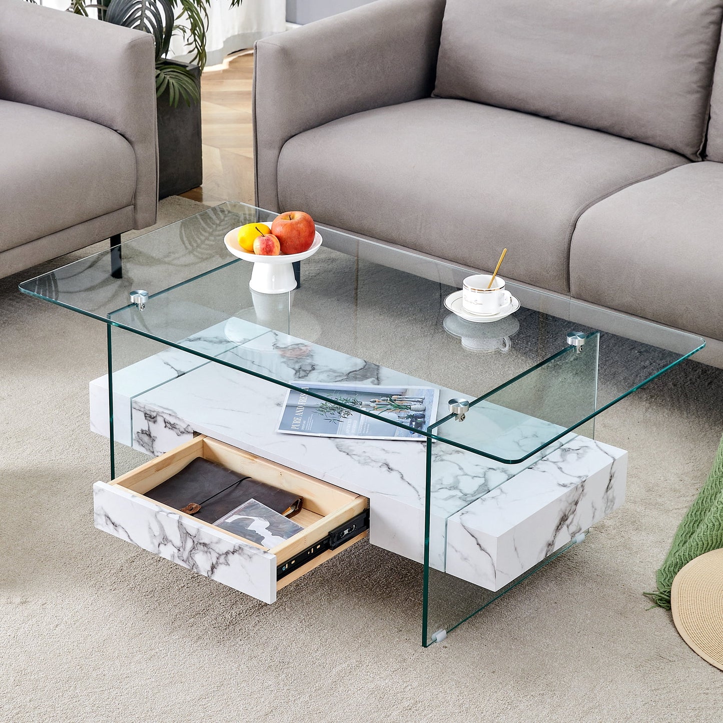 43.3 Inch Modern Two-Tier Coffee Table - Clear Tempered Glass and White Marble Texture, Multifunctional Storage Design.The bottom tier includes a drawer.Can be used as a coffee table,side table,etc.