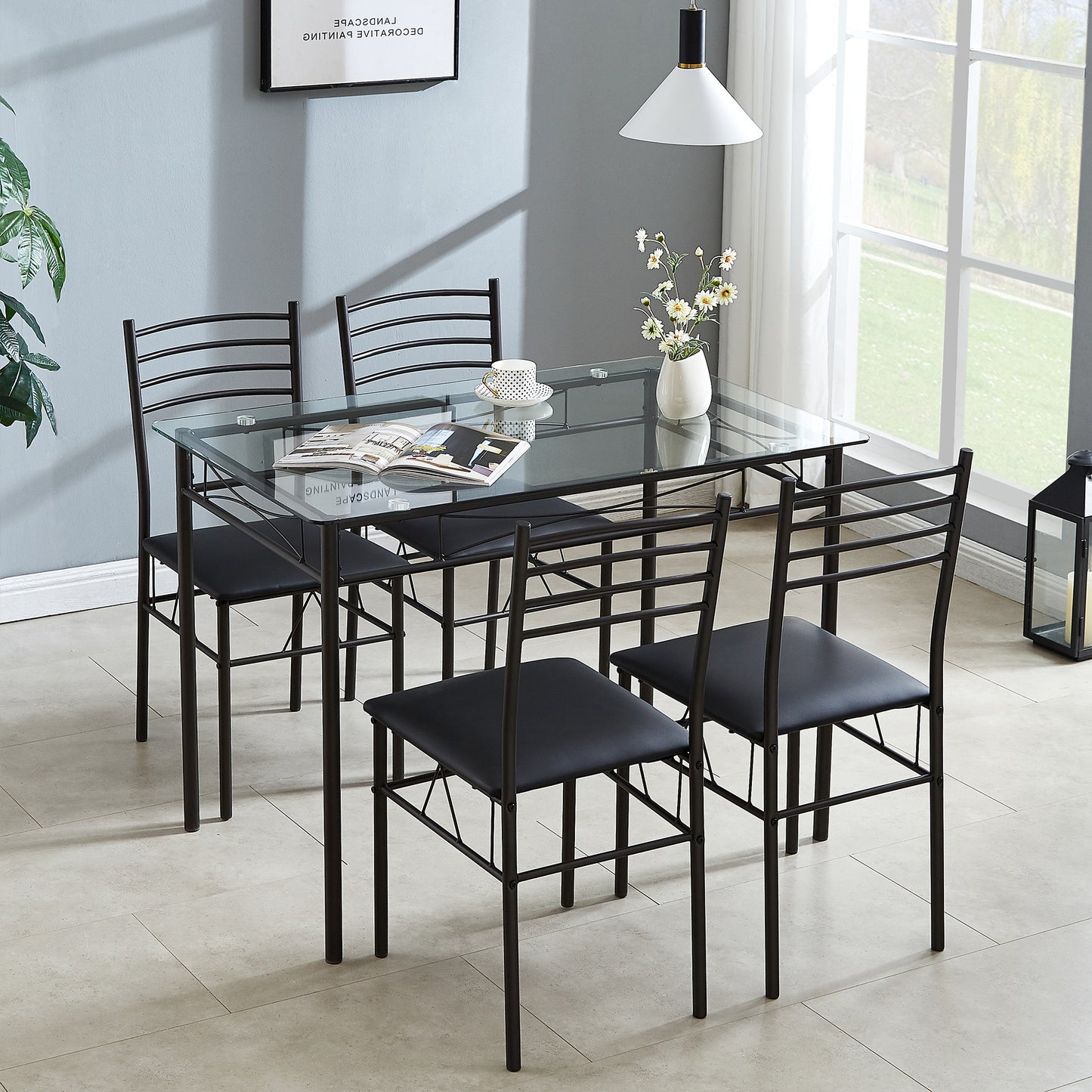VECELO 5-Piece Dining Set Tempered Glass Top Table with 4 Upholstered Chairs for Home, Kitchen, Living Room, Black