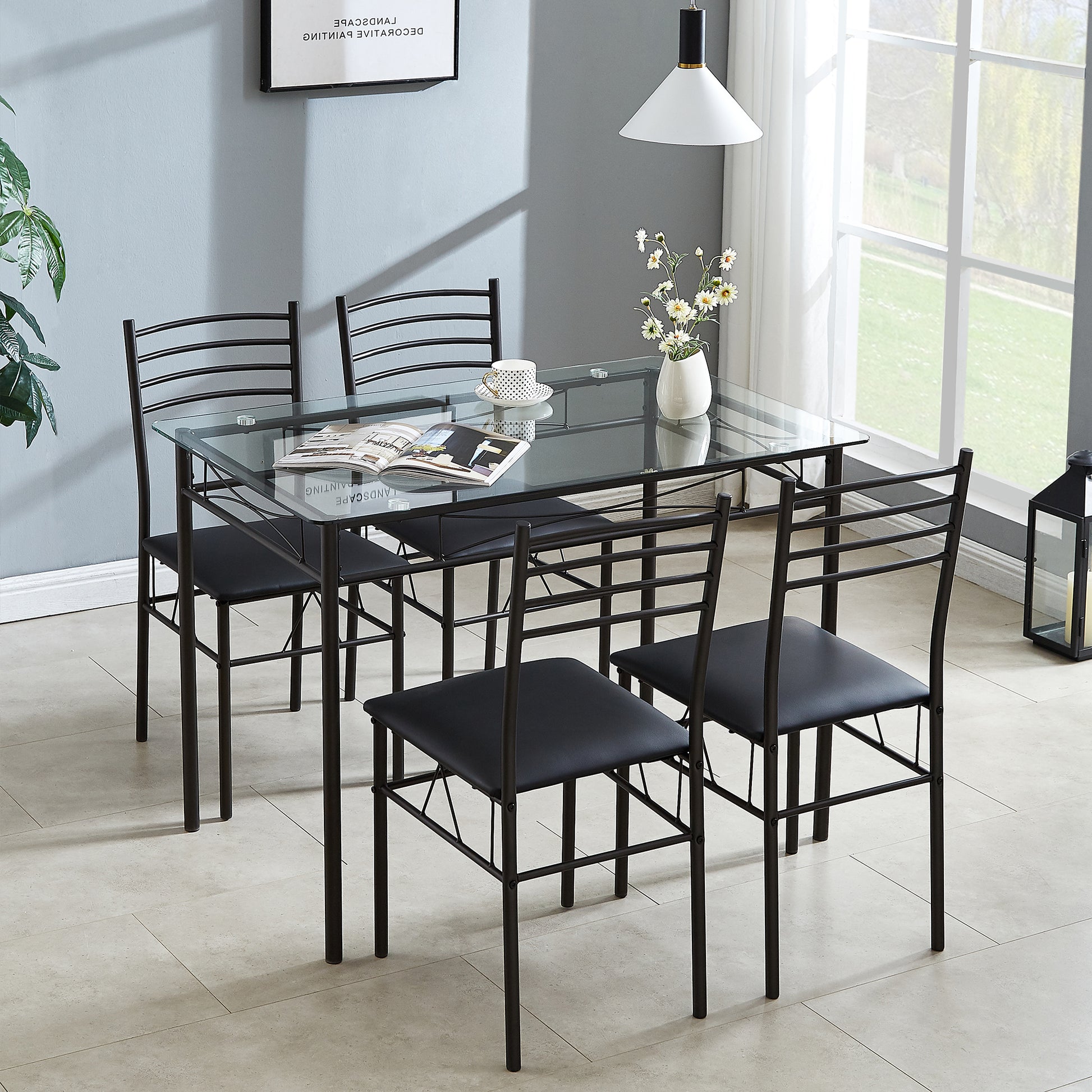VECELO 5-Piece Dining Set Tempered Glass Top Table with 4 Upholstered Chairs for Home, Kitchen, Living Room, Black