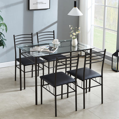 VECELO 5-Piece Dining Set Tempered Glass Top Table with 4 Upholstered Chairs for Home, Kitchen, Living Room, Black