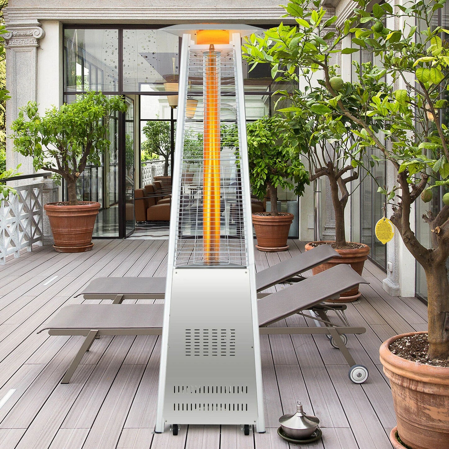 Gymax 42,000 BTU Stainless Steel Pyramid Patio Heater Glass Tube Flame W/Wheels