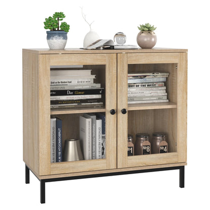Homfa Wide Accent Cabinet with Glass Doors, Adjustable Shelves Display Cabinet with Metal Base, Oak