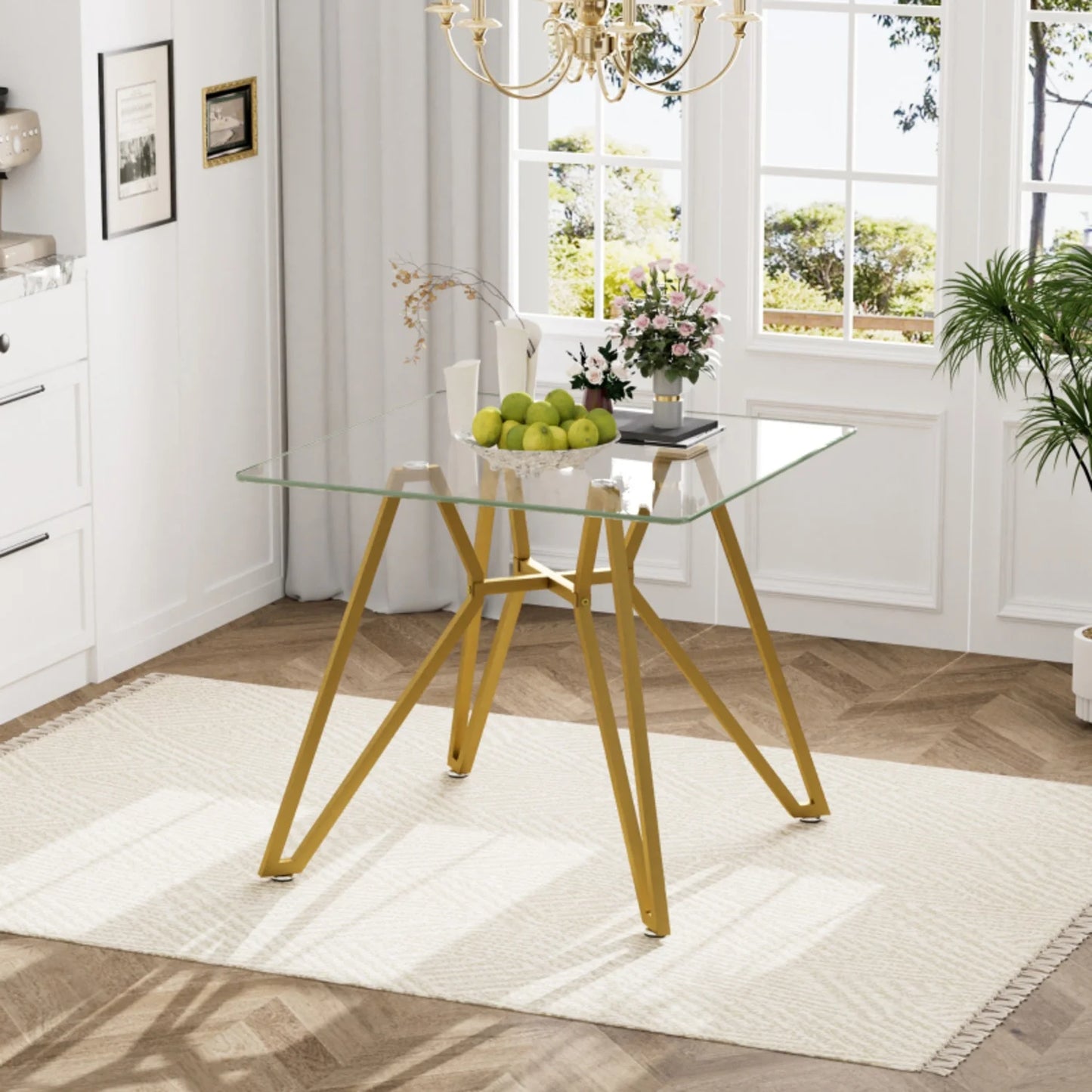 35.4 Inch Square Tempered Glass Dining Table Suitable For 2 To 4 People Space Saving Small Kitchen Dining Table Equipped With Sturdy Metal Table Legs Suitable For Dining Room Living Room Gold