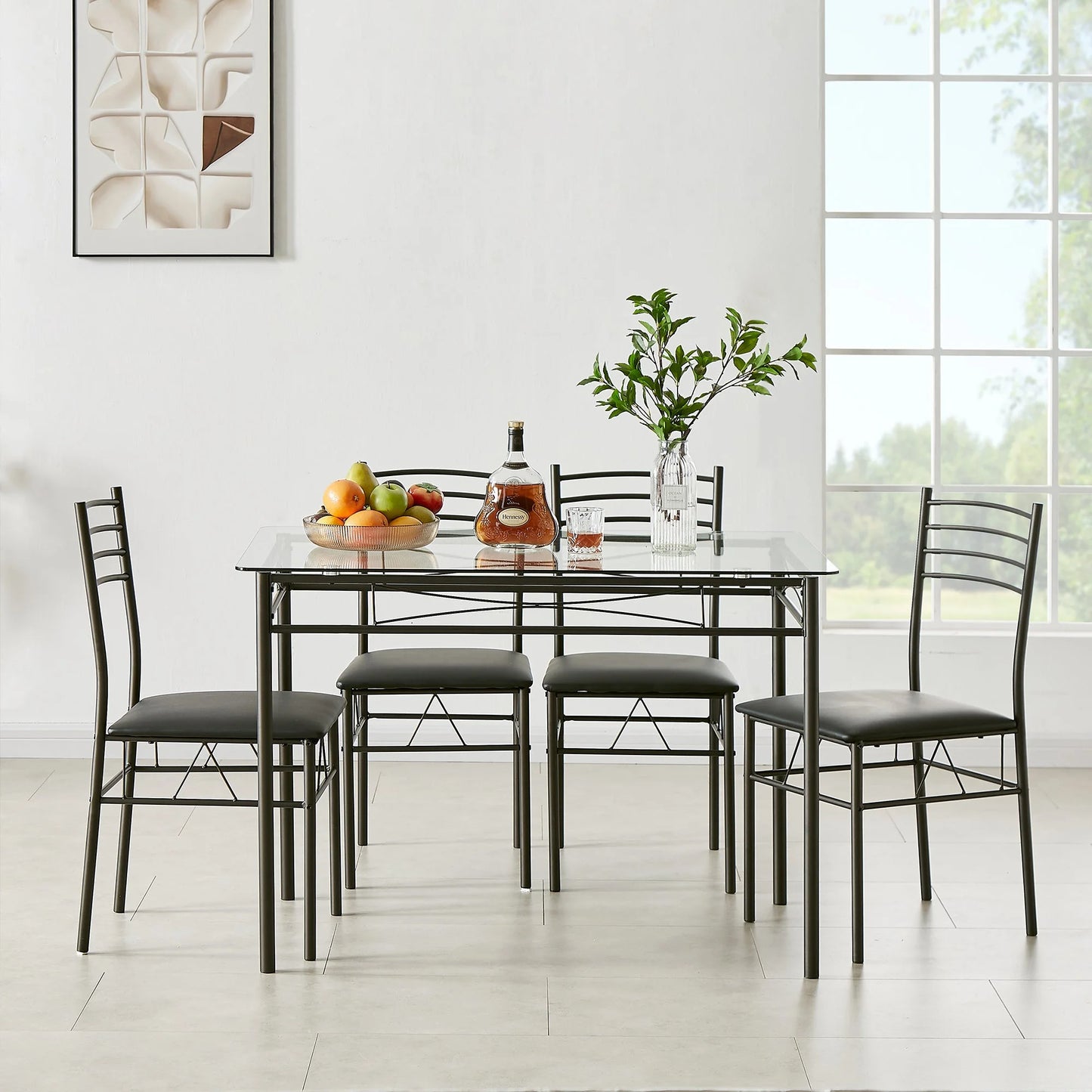 VECELO 5-Piece Dining Set Tempered Glass Top Table with 4 Upholstered Chairs for Home, Kitchen, Living Room, Black