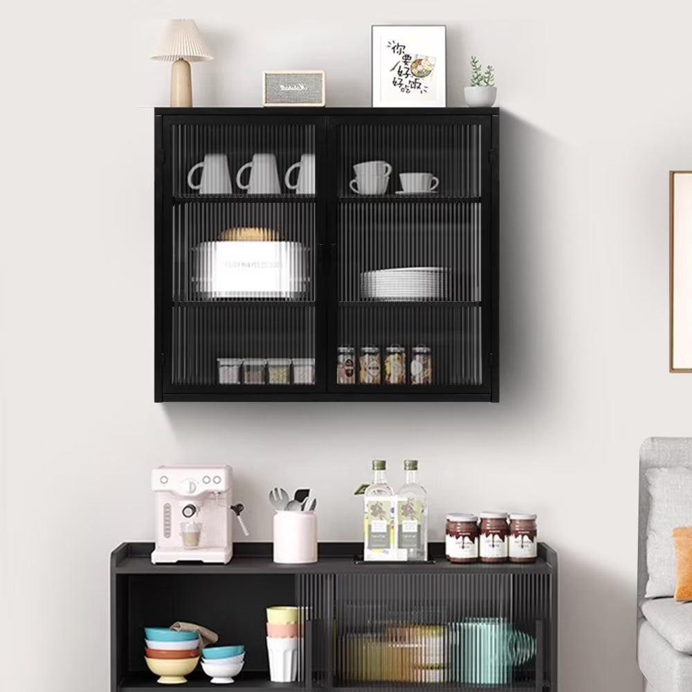 Tcbosik Metal Storage Cabinet, 2 Glass Doors Cabinet Sideboard, Curio Cabinet with Detachable Shelves, Metal Display Cabinet for Home Living Room, Hallway, Entryway, Bathroom, Kitchen, Black