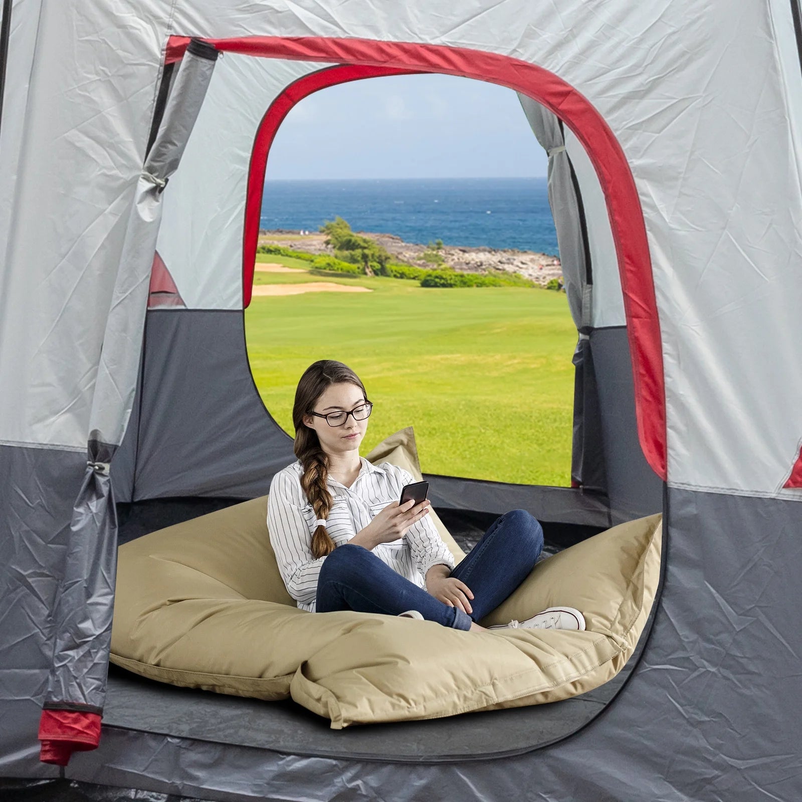 14-Person Camping Tent - 14'x14' (430x430cm) Family Dome Tent with Fiberglass Poles, Waterproof Polyester - Red/White