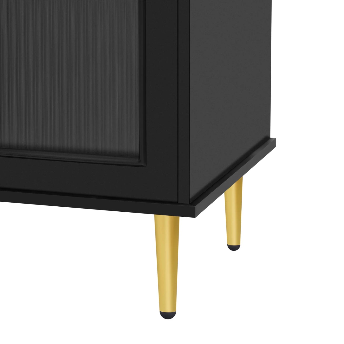 TV Stand for 80 inch TV, Entertainment Center with 2 Drawers and 2 Cabinets, Low Profile TV Consoles with Fluted Glass Doors and 5 Metal Legs for Living Room, Black