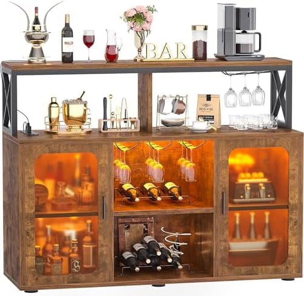 Kselythan Bar Cabinet for Home, Wine Cabinet with Power Outlets, Led Lights and and Glass Holder, Liquor Cabinet with Storage, Racks for Home, Kitchen