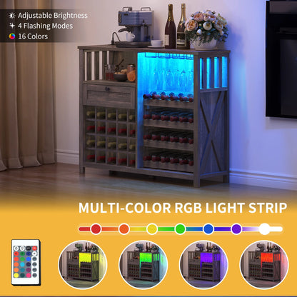 DWVO 47" Wine Bar Cabinet, Wine Cabinet with Charging Station and 16 Adjustable LED Light for Kitchen Living Room, Wine Bar Stand for Liquor and Glasses, Rustic Brown