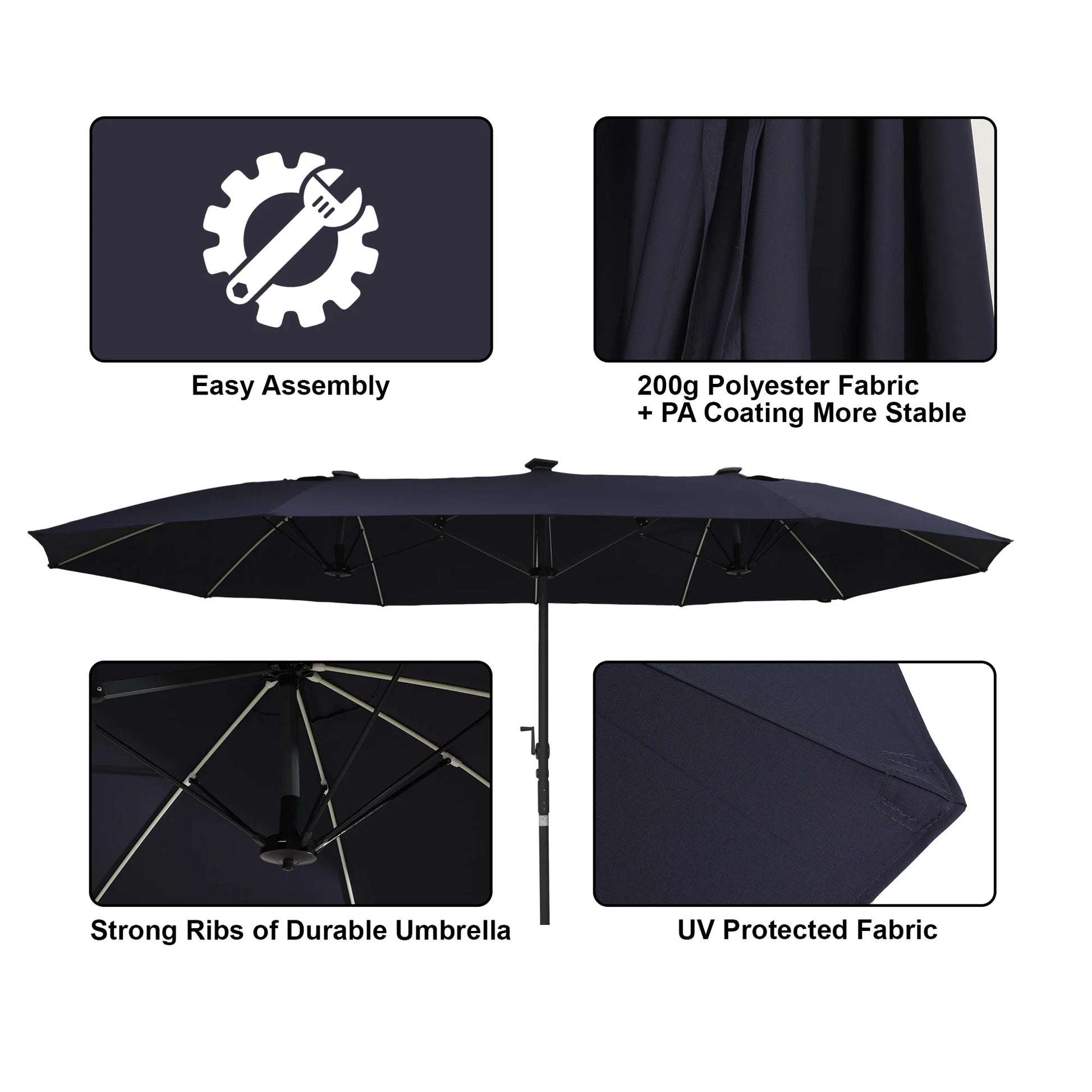 Mondawe 15ft Patio Umbrella, Large Double-Sided Solar LED Outdoor Umbrella with Fiberglass Ribs and Base for Deck Pool, Navy Blue