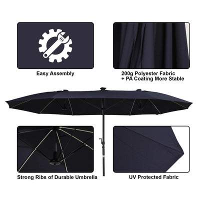 Mondawe 15ft Patio Umbrella, Large Double-Sided Solar LED Outdoor Umbrella with Fiberglass Ribs and Base for Deck Pool, Navy Blue