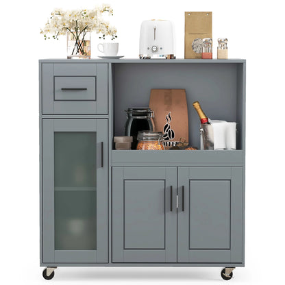 Gymax Kitchen Island Cart on Wheels Microwave Cabinet w/Frosted Tempered Glass Door