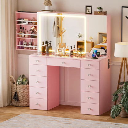 PAKASEPT Vanity Set with Lighted Mirror, Large Vanity Desk with Charging Station, Makeup Vanity Table with 11 Drawers & Hidden Sliding Storage Cabinet & Visible Glass Tabletop for Bedroom (White)