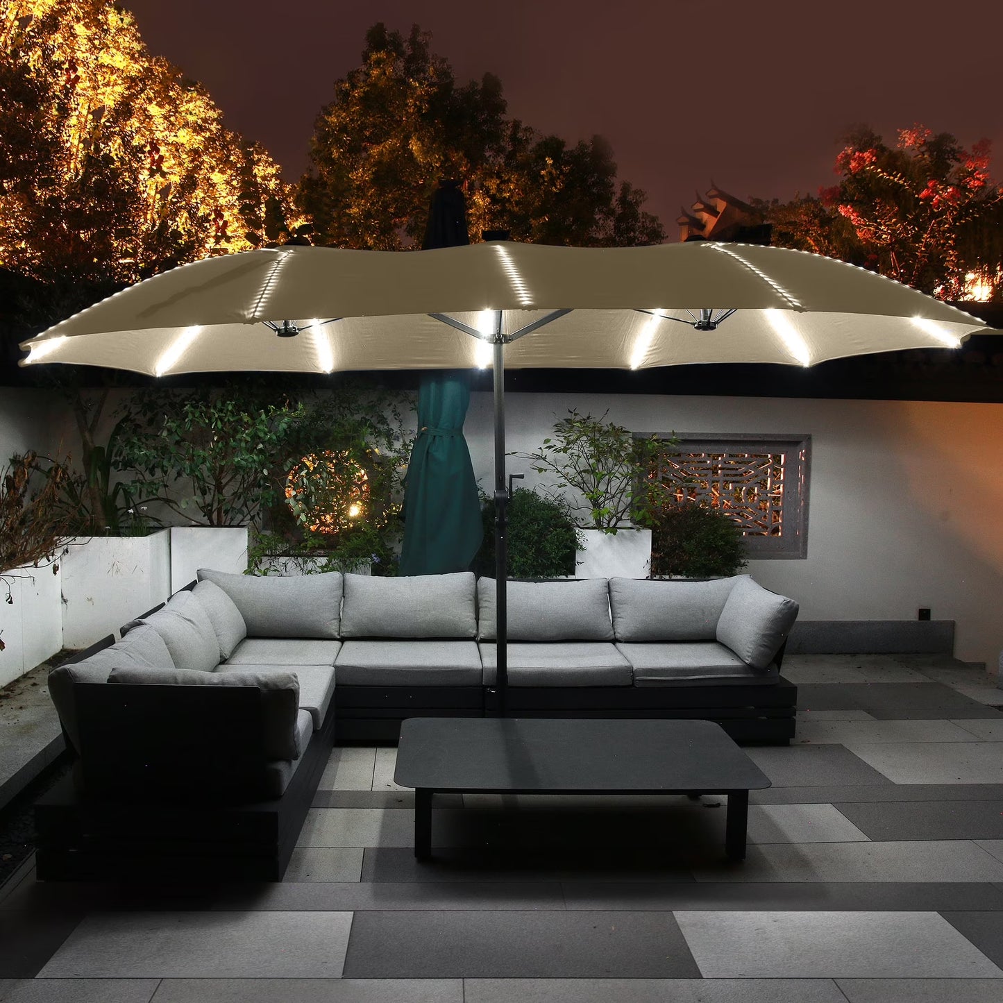 Mondawe 15ft Patio Umbrella, Large Double-Sided Solar LED Outdoor Umbrella with Fiberglass Ribs and Base for Deck Pool, Navy Blue