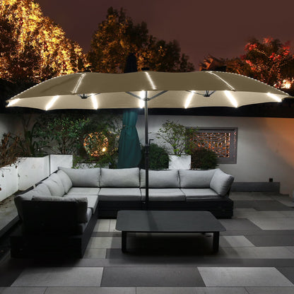 Mondawe 15ft Patio Umbrella, Large Double-Sided Solar LED Outdoor Umbrella with Fiberglass Ribs and Base for Deck Pool, Navy Blue