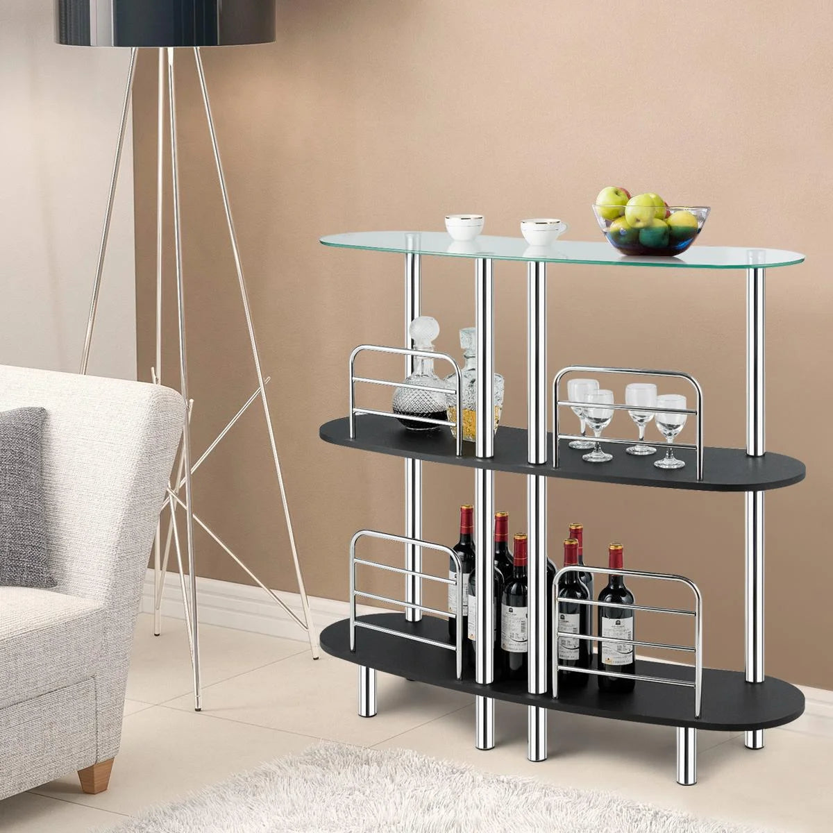 Giantex 3-Tier Glass Liquor Bar Cabinets, Wine Bar Storage with Tempered Glass Counter Top and Metal Frame, Bar Unit with 2 Shelves, Bar Organize Ideal for Home/Kitchen/Bar/Pub