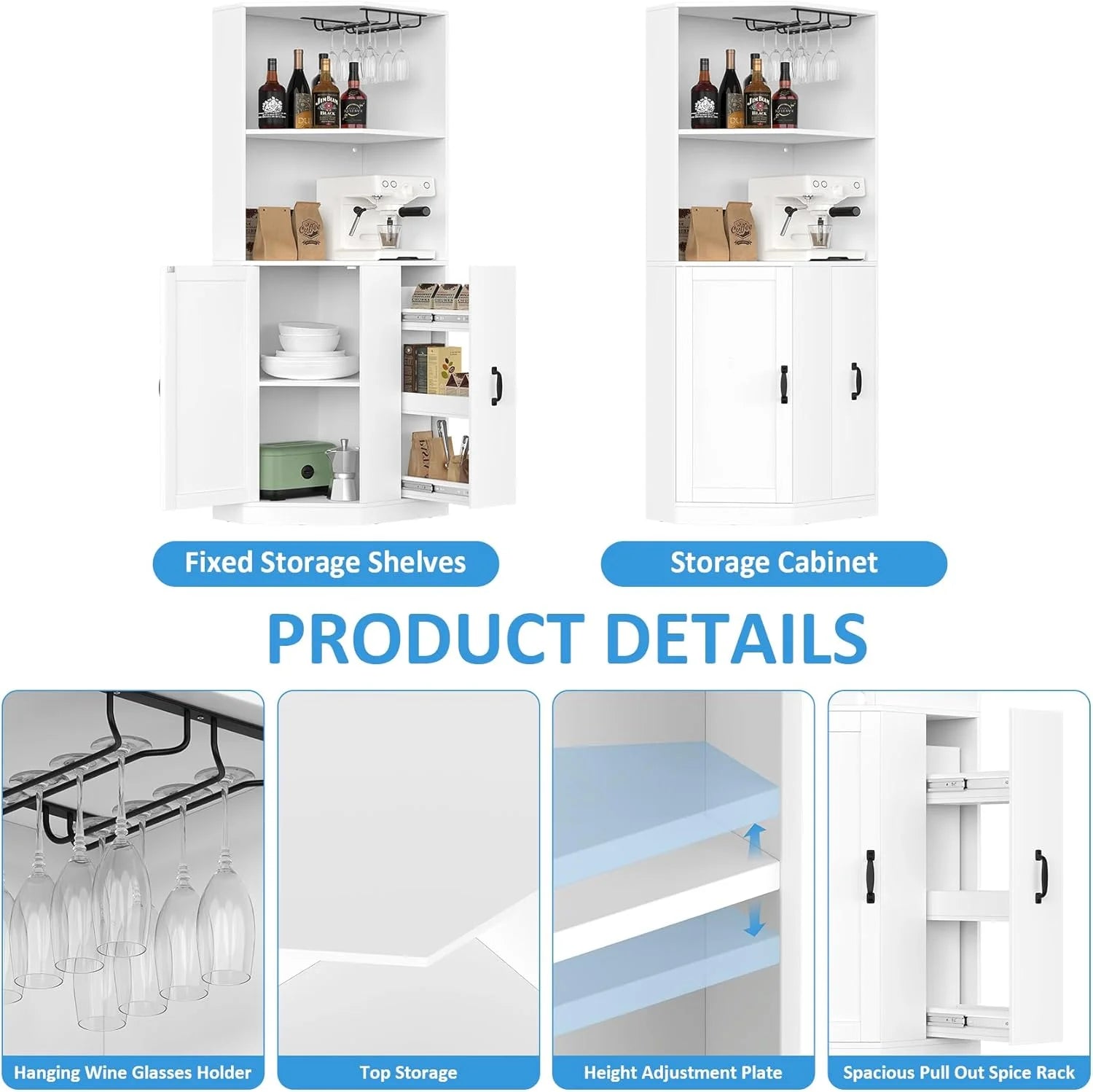 HAUXITIO Corner Bar Cabinet with Electrical Outlet, LED Lighting and Storage Drawer, 71" Home Coffee Bar Cabinet with Glass Rack