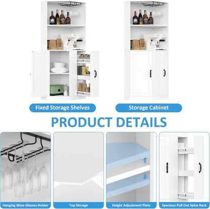 HAUXITIO Corner Bar Cabinet with Electrical Outlet, LED Lighting and Storage Drawer, 71" Home Coffee Bar Cabinet with Glass Rack