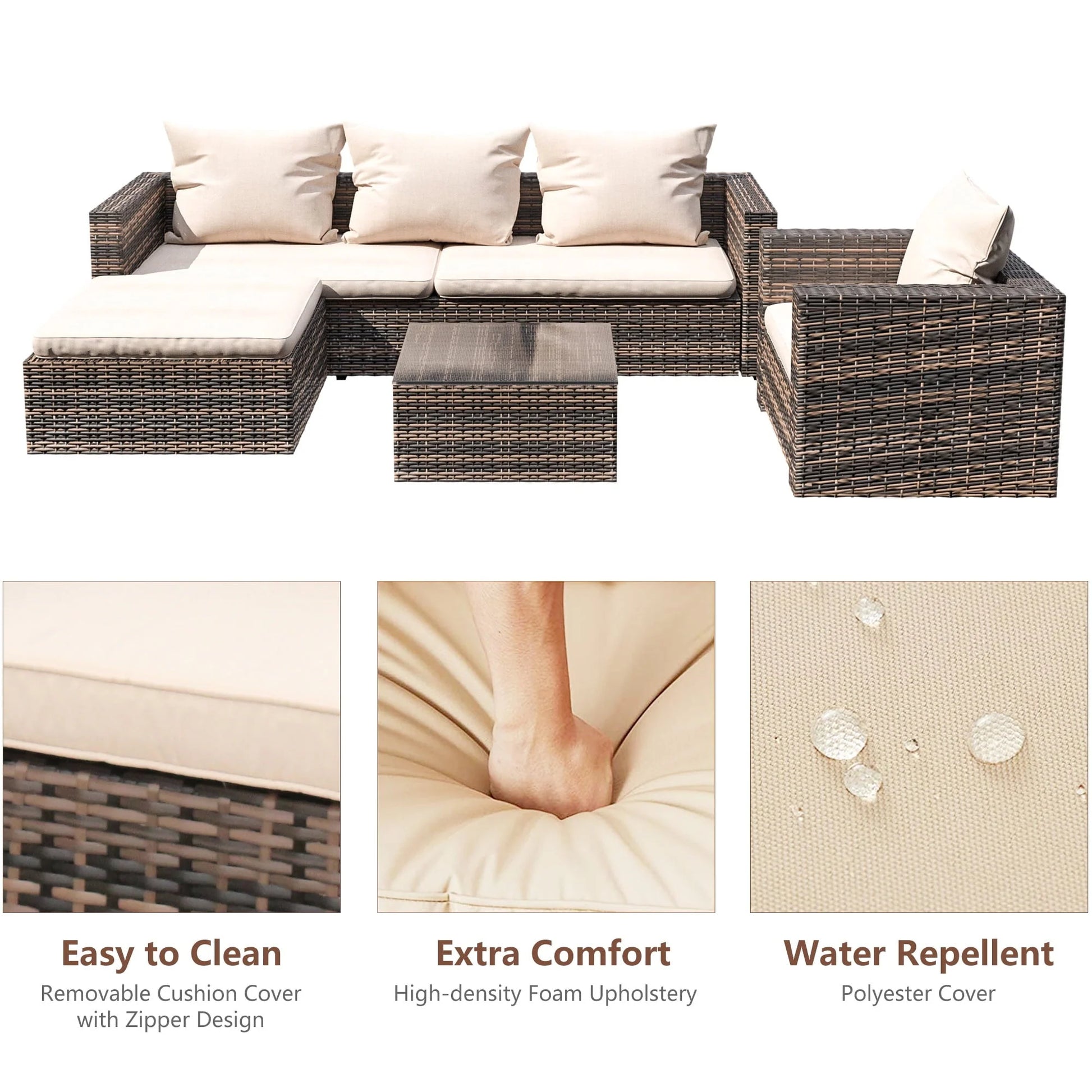 Rattan Patio Sofa Set, 4 Pieces Outdoor Sectional Furniture Set, All-Weather PE Rattan Wicker Patio Conversation Set, Cushioned Sofa Set with Glass Table & Pillows for Patio Garden Poolside Deck, B626