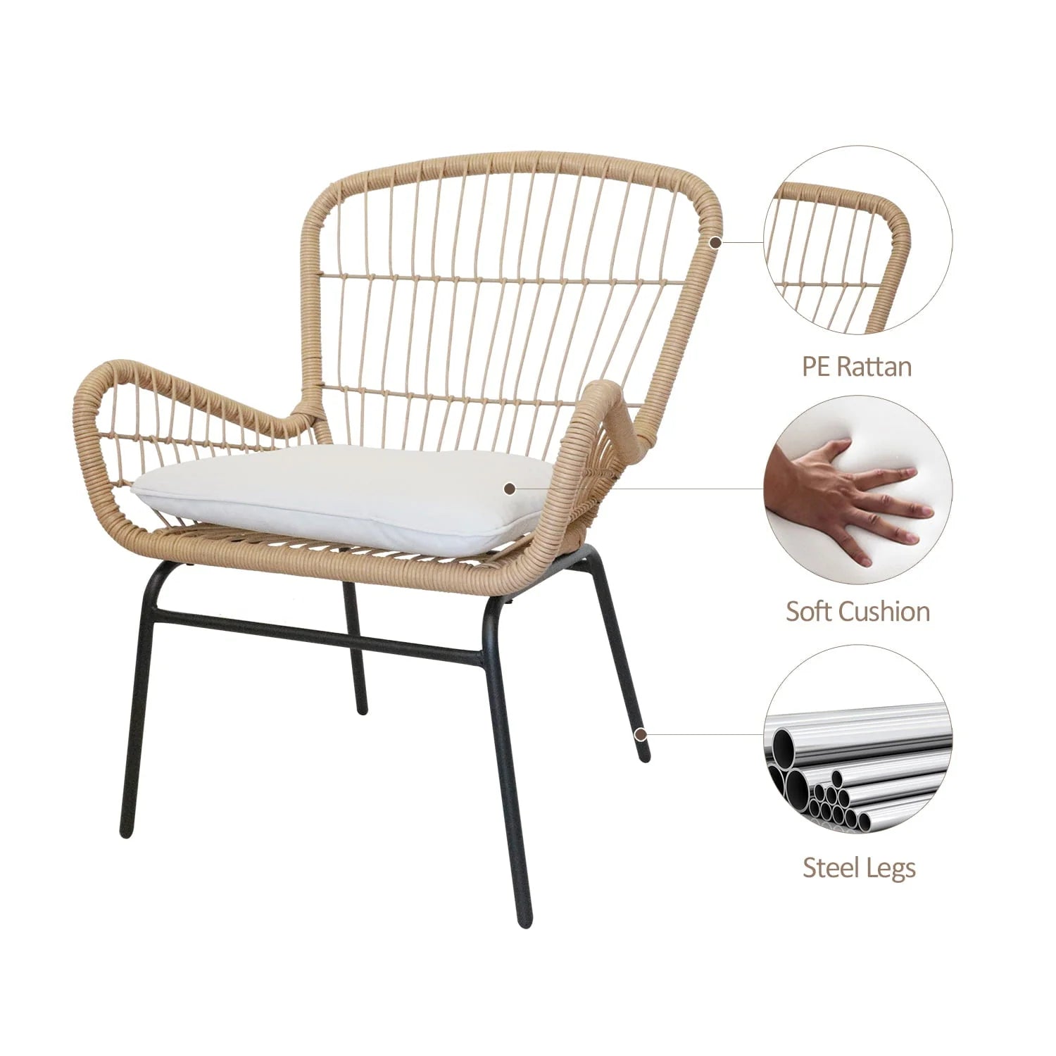 Outdoor Bistro Sets, 3 Piece Natural Color Wicker Chairs Set, Cushioned Patio Conversation Chairs Sets with 2 Armchairs and Tempered Glass Coffee Table, for Yard, Deck, Poolside, D7829