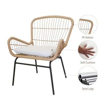 Outdoor Bistro Sets, 3 Piece Natural Color Wicker Chairs Set, Cushioned Patio Conversation Chairs Sets with 2 Armchairs and Tempered Glass Coffee Table, for Yard, Deck, Poolside, D7829