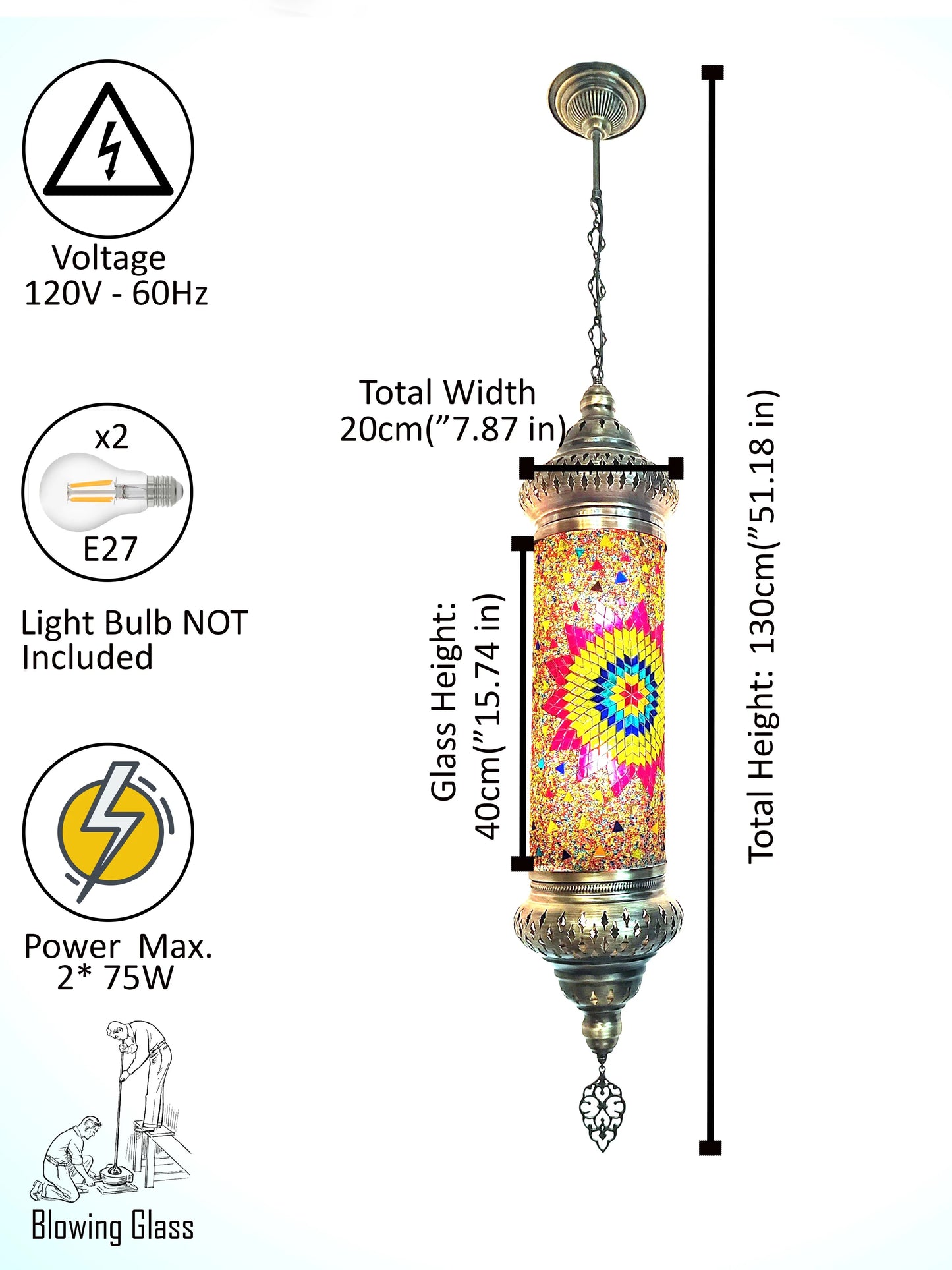 Angora Tantine Turkish Lamp | Blown Glass Turkish Pendant Hanging Lamps for Living Room (51.18")