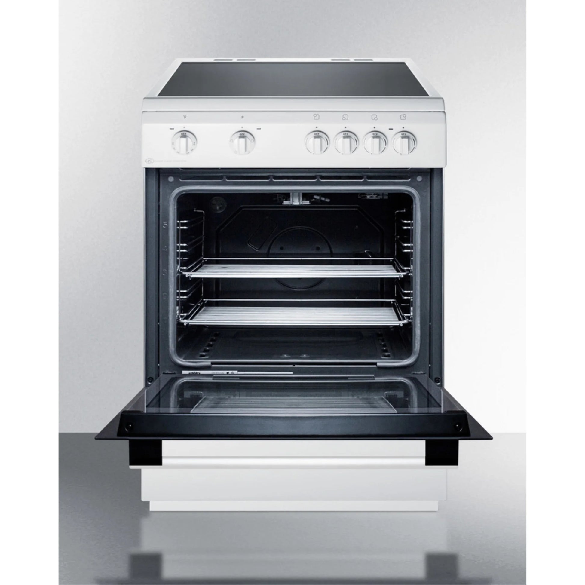 24" wide smooth top electric range in slide-in style and white finish, with storage drawer and large oven window in black glass