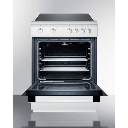 24" wide smooth top electric range in slide-in style and white finish, with storage drawer and large oven window in black glass