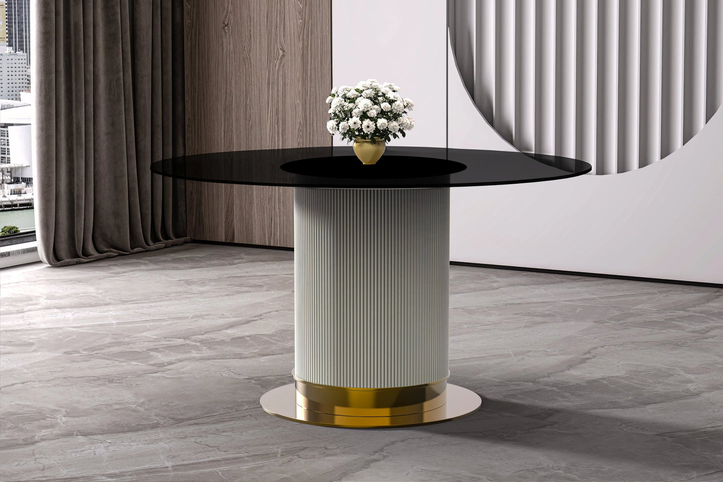 LeisureMod Jexis 60" Mid-Century Modern Round Dining Table with Glass/Sintered Stone Top and White/Gold Stainless Steel Pedestal Base for Kitchen and Dining Room (Black)