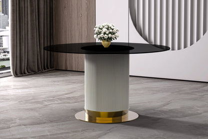 LeisureMod Jexis 60" Mid-Century Modern Round Dining Table with Glass/Sintered Stone Top and White/Gold Stainless Steel Pedestal Base for Kitchen and Dining Room (Black)