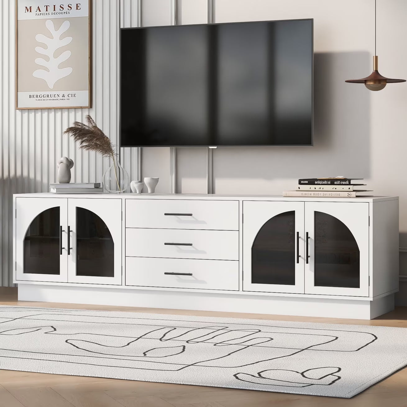TV Stand for 75 Inch TV, Entertainment Center with Storage Cabinets and 3 Drawers, Media Console Cabinet with Adjustable Shelves and Glass Doors for Living Room, Black