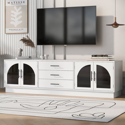 TV Stand for 75 Inch TV, Entertainment Center with Storage Cabinets and 3 Drawers, Media Console Cabinet with Adjustable Shelves and Glass Doors for Living Room, Black