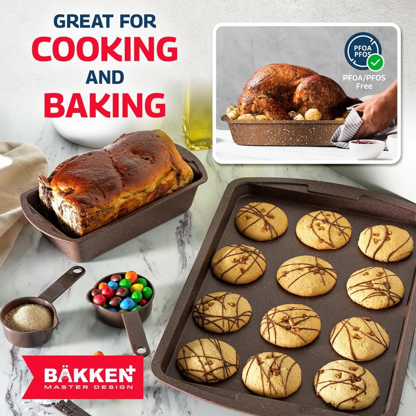 Bakken Master 38 Piece Granite Cookware and Bakeware Set - Nonstick Granite Coating, Pots and Pans with Detachable Handles and Tempered Glass Lids, 6-piece Bakeware set, 12-piece Mixing Bowls,Brown