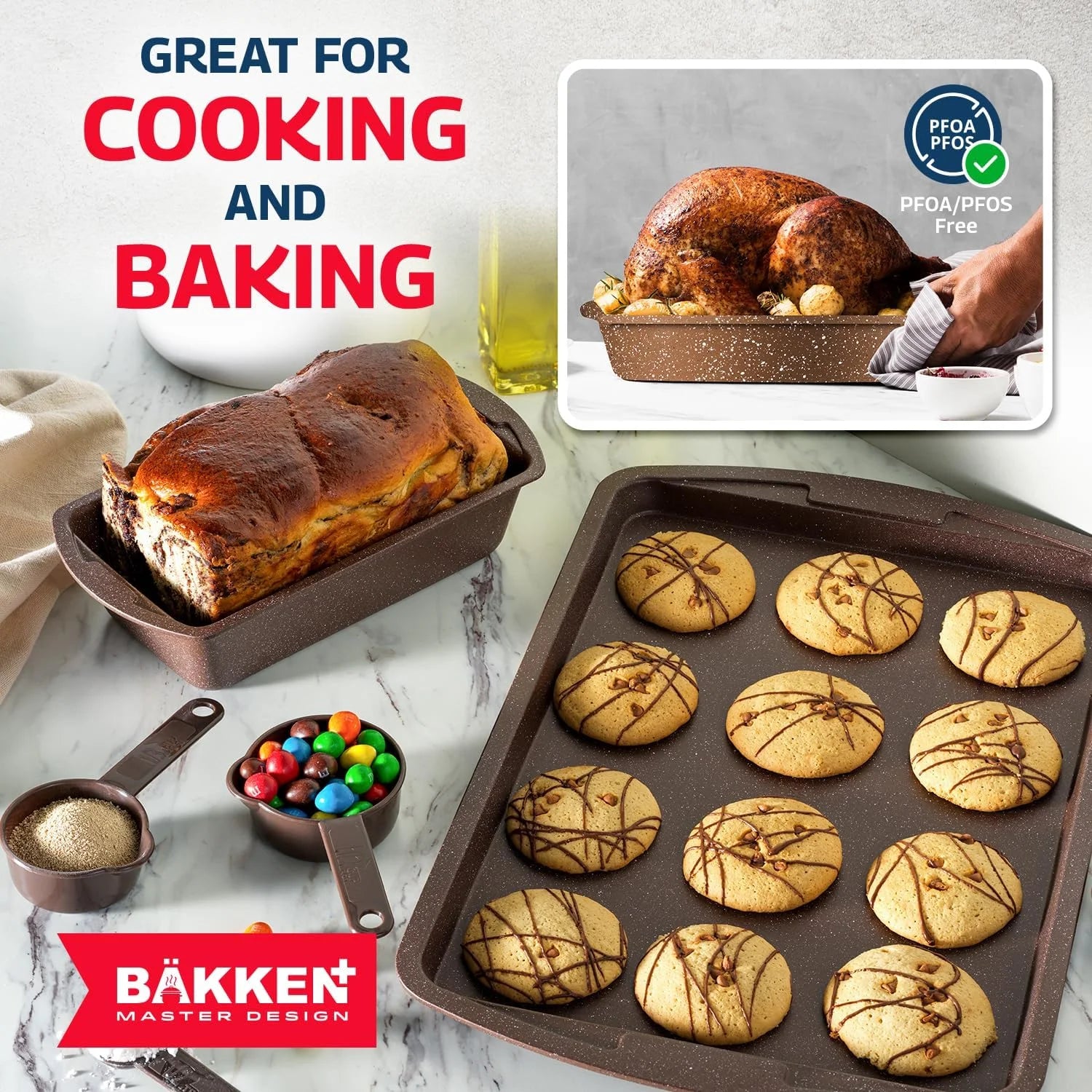 Bakken Master 38 Piece Granite Cookware and Bakeware Set - Nonstick Granite Coating, Pots and Pans with Detachable Handles and Tempered Glass Lids, 6-piece Bakeware set, 12-piece Mixing Bowls,Brown