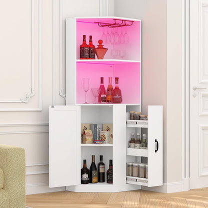 HAUXITIO Corner Bar Cabinet with Electrical Outlet, LED Lighting and Storage Drawer, 71" Home Coffee Bar Cabinet with Glass Rack