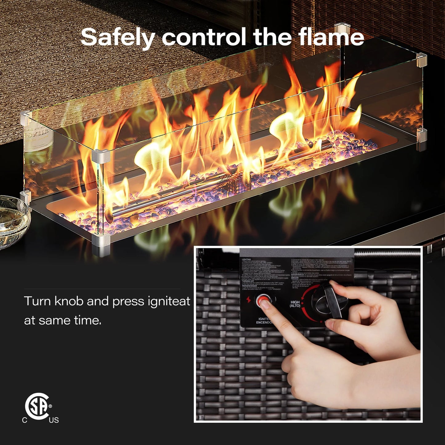 LAUSAINT HOME 43" Outdoor Fire Pit Table, 50,000 BTU Auto-Ignition Gas Fire Pit with Glass Wind Guard Propane(Rattan)