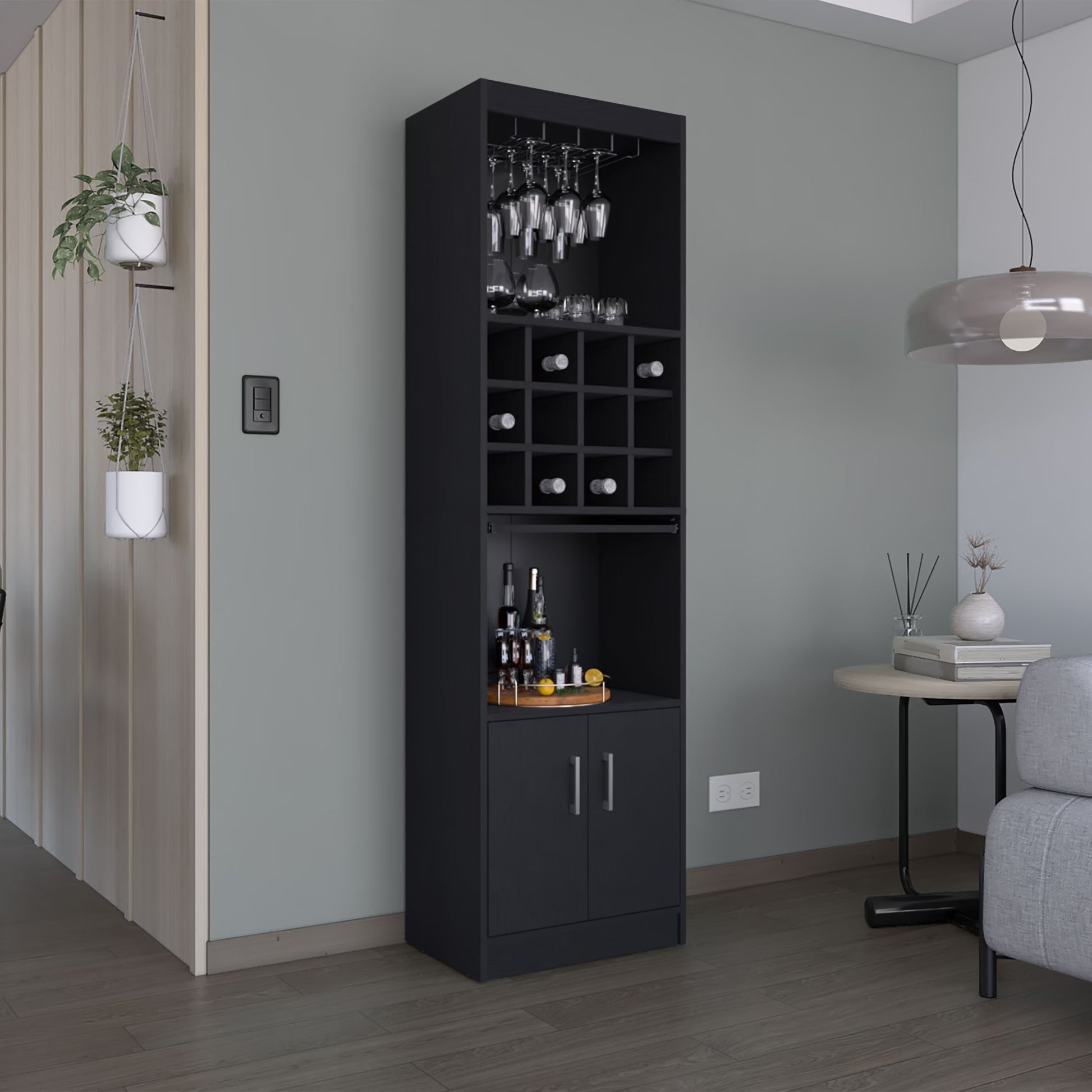 Royard Oaktree 71.1" Tall Bar Cabinet with 12-bottle Cubbies and Glass Holder, Freestanding Liquor Cabinet with Doors, Stemware Rack, Shelves, and Pull Out Tray for Living Room, Kitchen, White