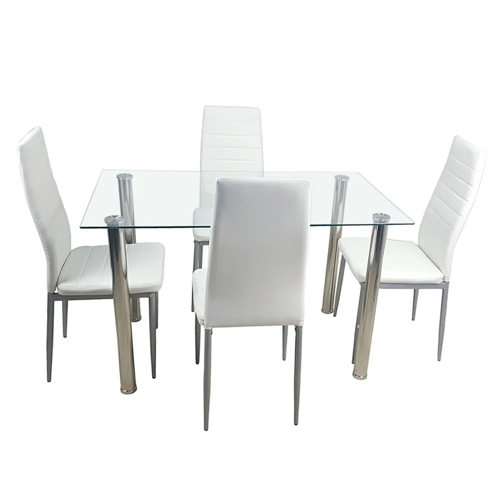 Canddidliik Rectangular Glass Dining Table, 5-Piece Modern Dining Set Tempered Glass Kitchen Table for Living Room and Kitchen, White