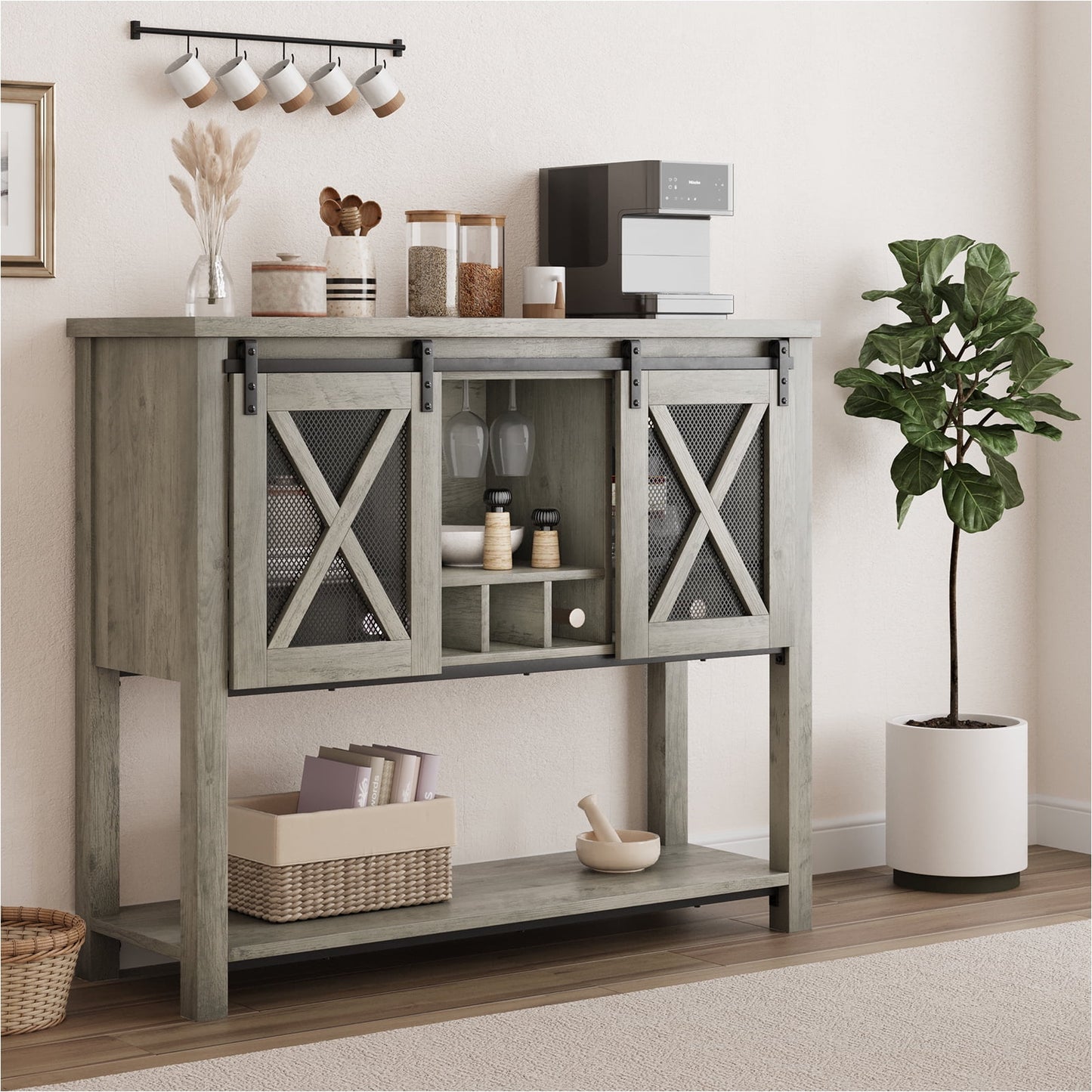 WhizMax Buffet Storage Cabinet, Wine Cabinet Coffee Bar Table with Wine Glass Rack, Farmhouse Wood Buffets and Sideboards with Storage and Barn Mesh Door for Kitchen, Dinning, Living Room