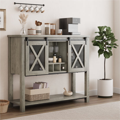WhizMax Buffet Storage Cabinet, Wine Cabinet Coffee Bar Table with Wine Glass Rack, Farmhouse Wood Buffets and Sideboards with Storage and Barn Mesh Door for Kitchen, Dinning, Living Room