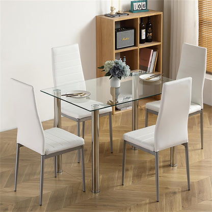 Canddidliik Rectangular Glass Dining Table, 5-Piece Modern Dining Set Tempered Glass Kitchen Table for Living Room and Kitchen, White