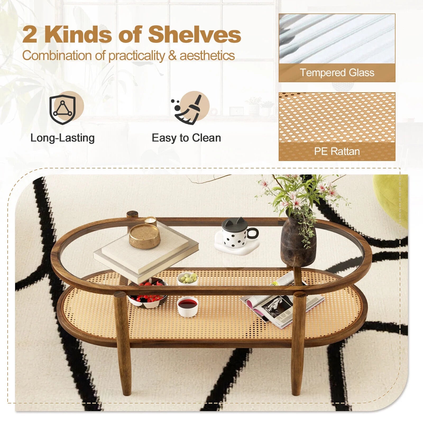 Amijoy 2-layer coffee table, tempered glass top grade coffee table, with PE rattan storage rack and acacia wood frame, center table in living room, reception room, and office, brown