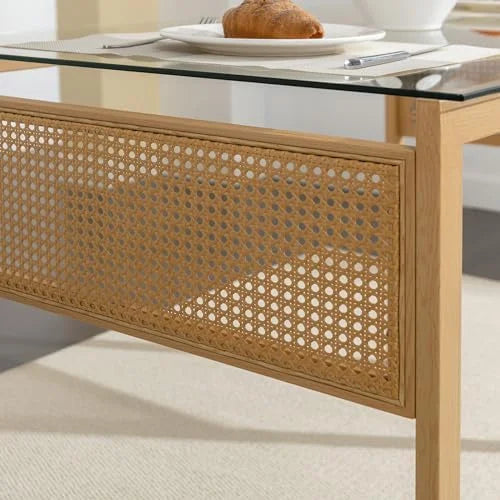 Boho 47 in Dining Table, Tempered Glass Tabletop with Rattan, Metal Legs, for Kitchen Dinner Living Room Reception