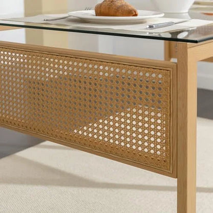 Boho 47 in Dining Table, Tempered Glass Tabletop with Rattan, Metal Legs, for Kitchen Dinner Living Room Reception