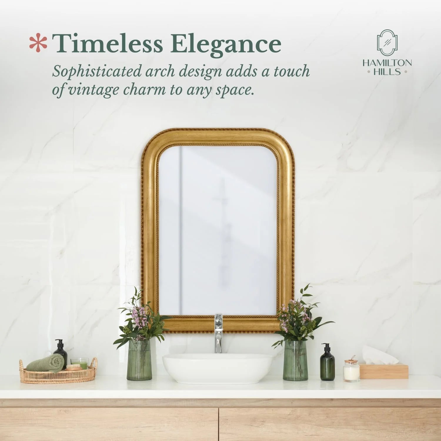 Hamilton Hills 36" x 24" Classic Gold Framed Polished Glass Top Round Corner Mirror - Thick Arched Top Rich Wall Mirror - Vanity for Bathroom Decor, Bedroom, Living Room - Hangs Horizontal or Vertica
